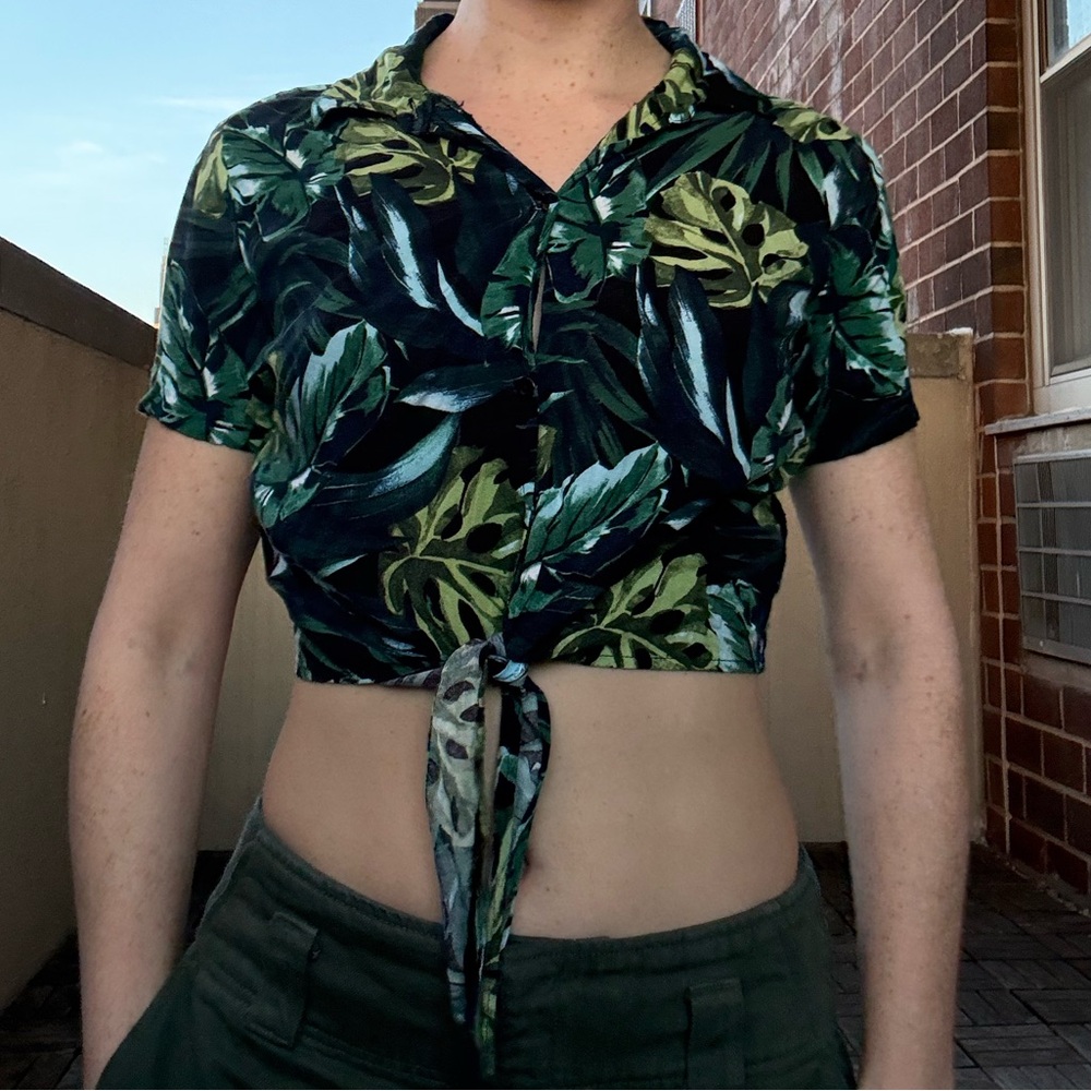 Tropical American Apparel button-down crop top with front tie.